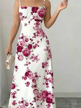 Rose-Print Spaghetti-Strap Maxi Dress in White and Rose